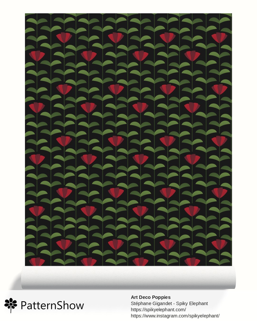 Art Deco Poppies wallpaper - Red Maroon Olive Green Black