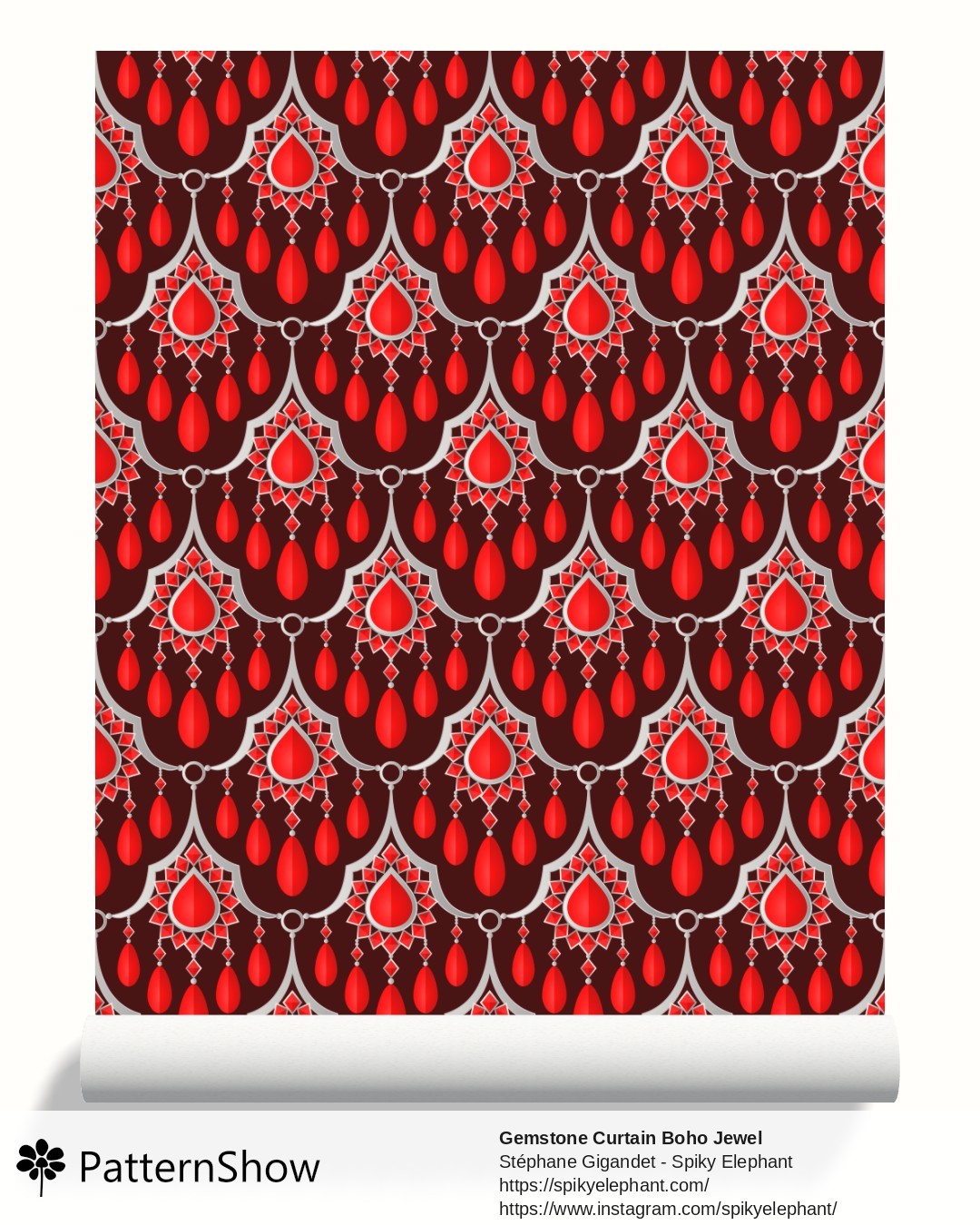 Gemstone Curtain Boho Jewel wallpaper - Radiant Ruby Red Silver