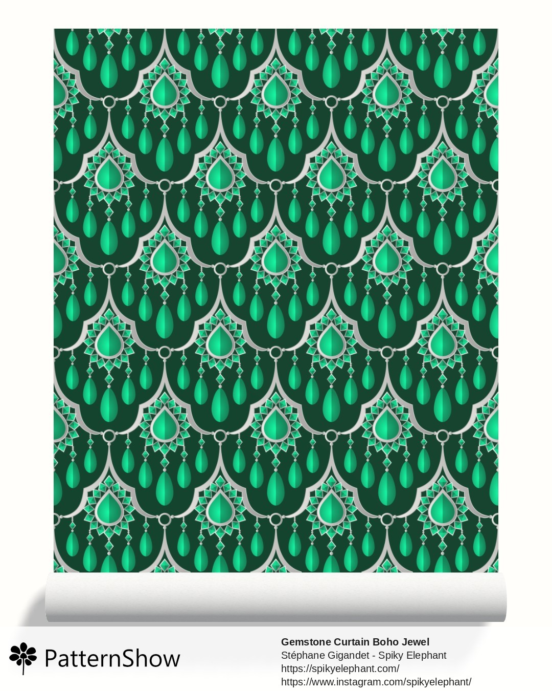 Gemstone Curtain Boho Jewel wallpaper - Elegant Emerald Green Silver