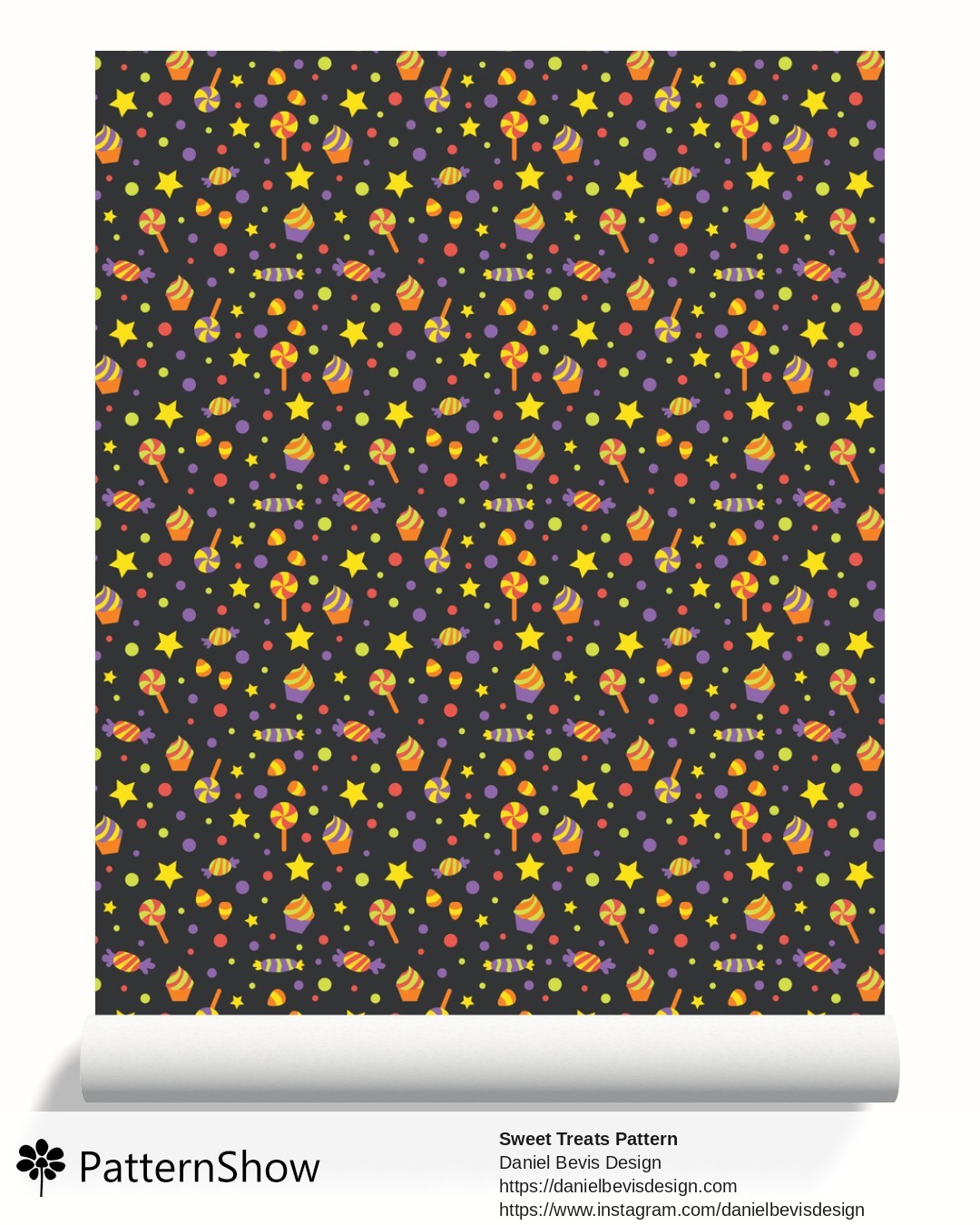 Sweet Treats Pattern wallpaper - Bright Orange, Yellow, Purple, Red, Dark Grey