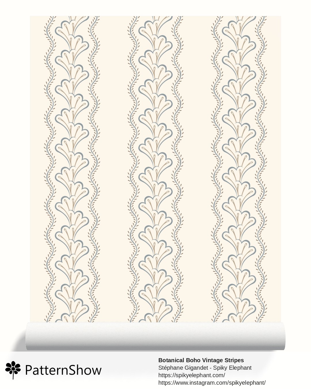 Botanical Boho Vintage Stripes wallpaper - Vanilla Cream Steal Blue Beige Brown