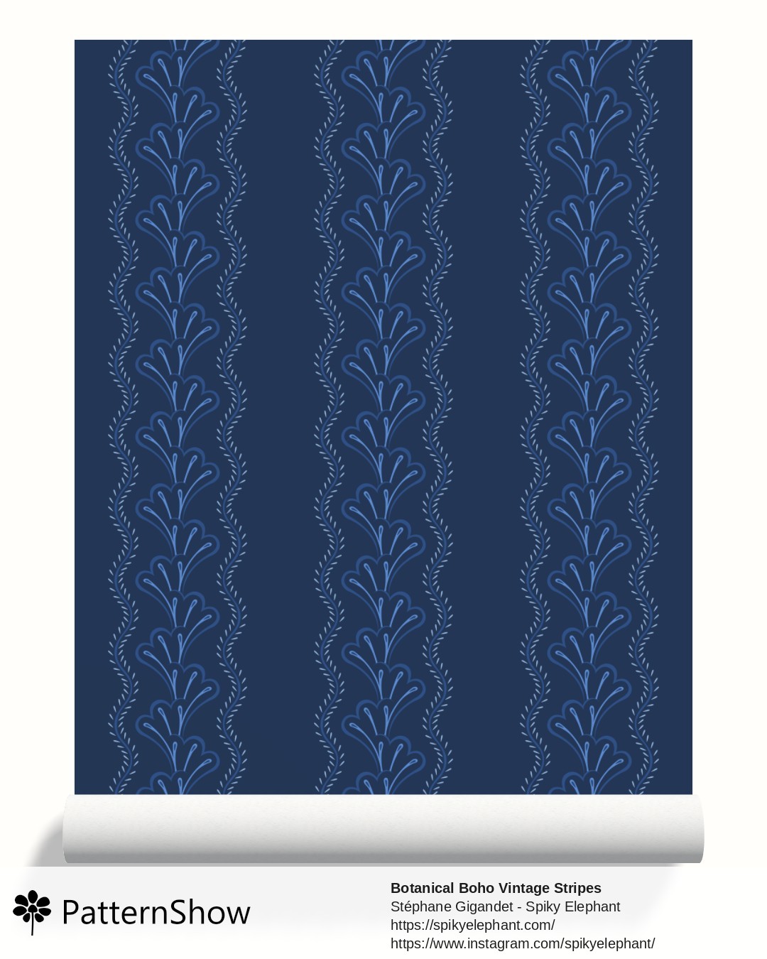 Botanical Boho Vintage Stripes wallpaper - Deep Sea Ocean Midnight Navy Blue Indigo