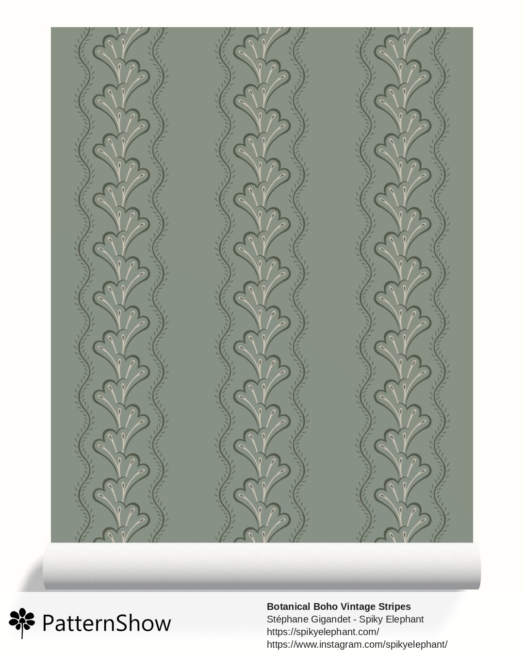 Botanical Boho Vintage Stripes wallpaper - Muted Sage Garden Green Beige Cream
