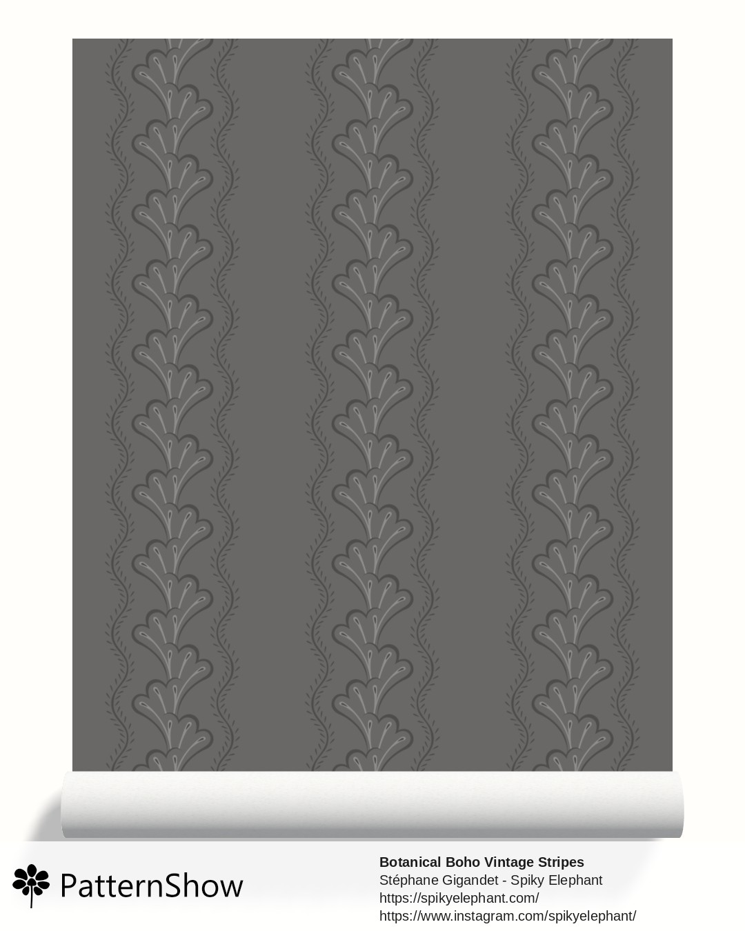 Botanical Boho Vintage Stripes wallpaper - Neutral Shades Muted Dark Grey