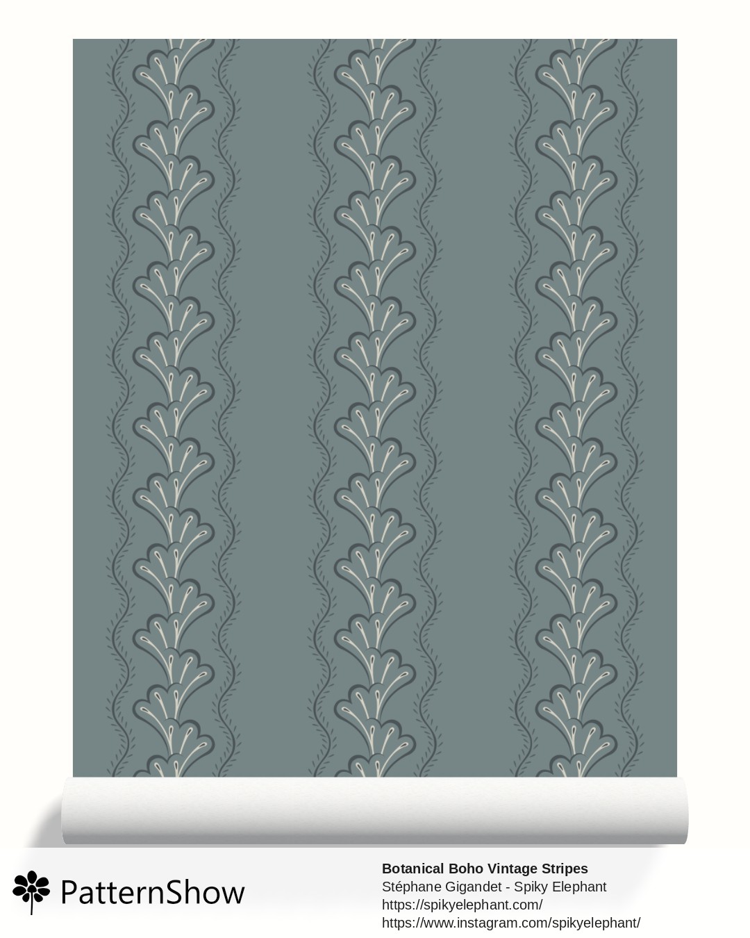 Botanical Boho Vintage Stripes wallpaper - Muted Denim Dark Dusty Blue Beige