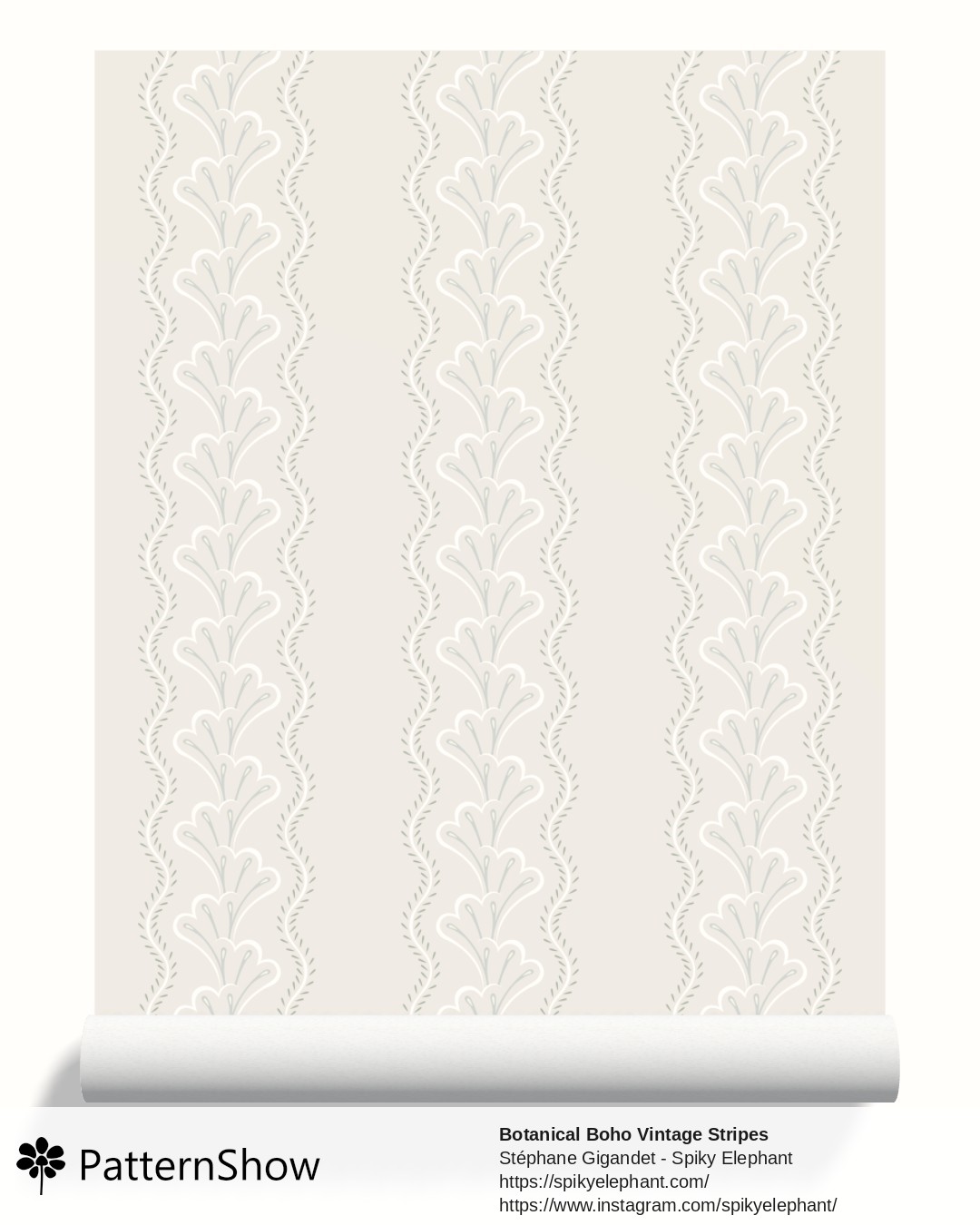 Botanical Boho Vintage Stripes wallpaper - Beige Cream White Dusty Blue Grey