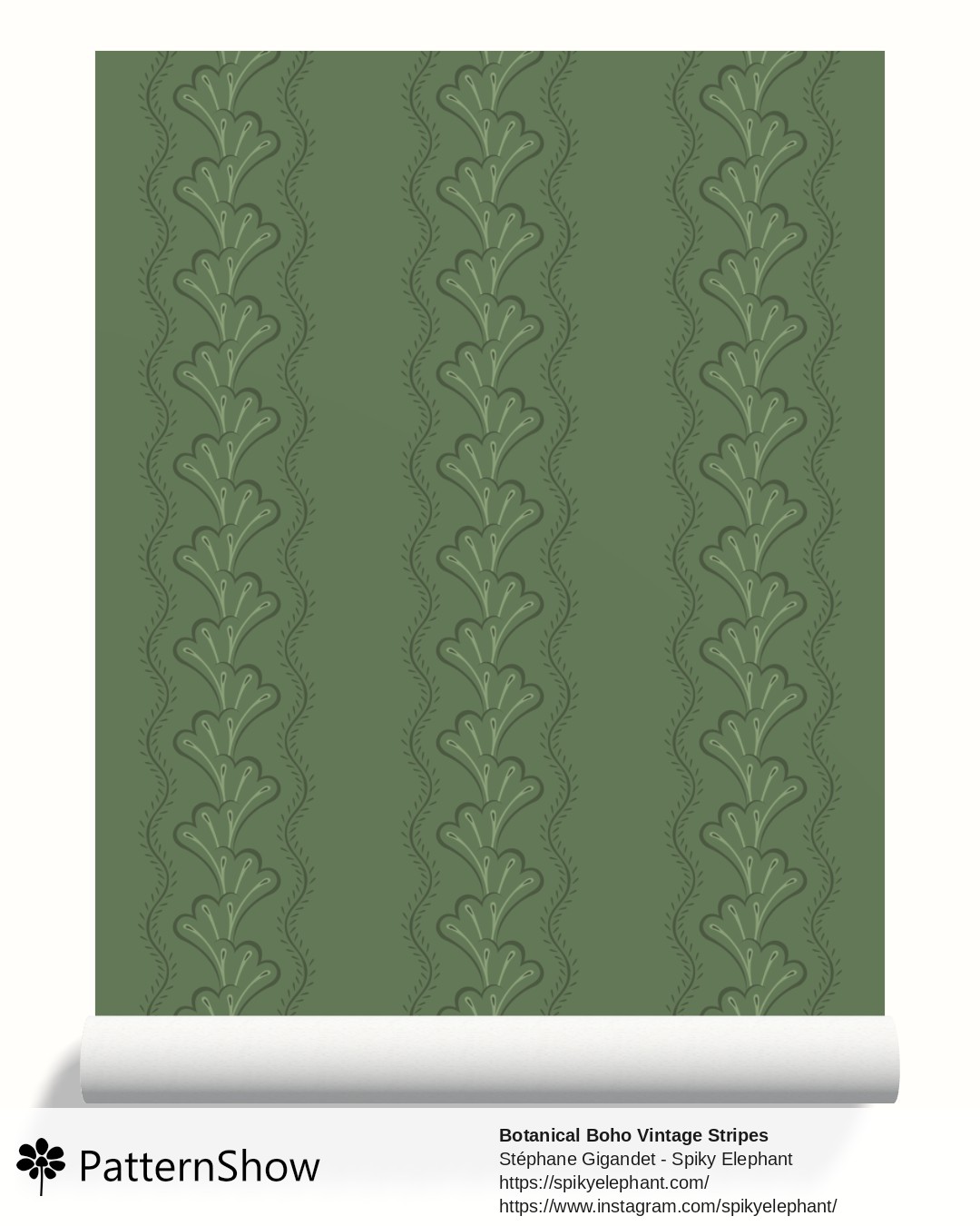 Botanical Boho Vintage Stripes wallpaper - Forest Fern Green