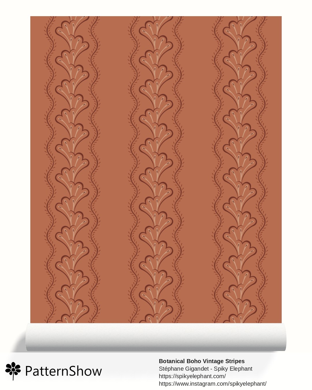 Botanical Boho Vintage Stripes wallpaper - Earthy Coral Red Brown Peach Orange