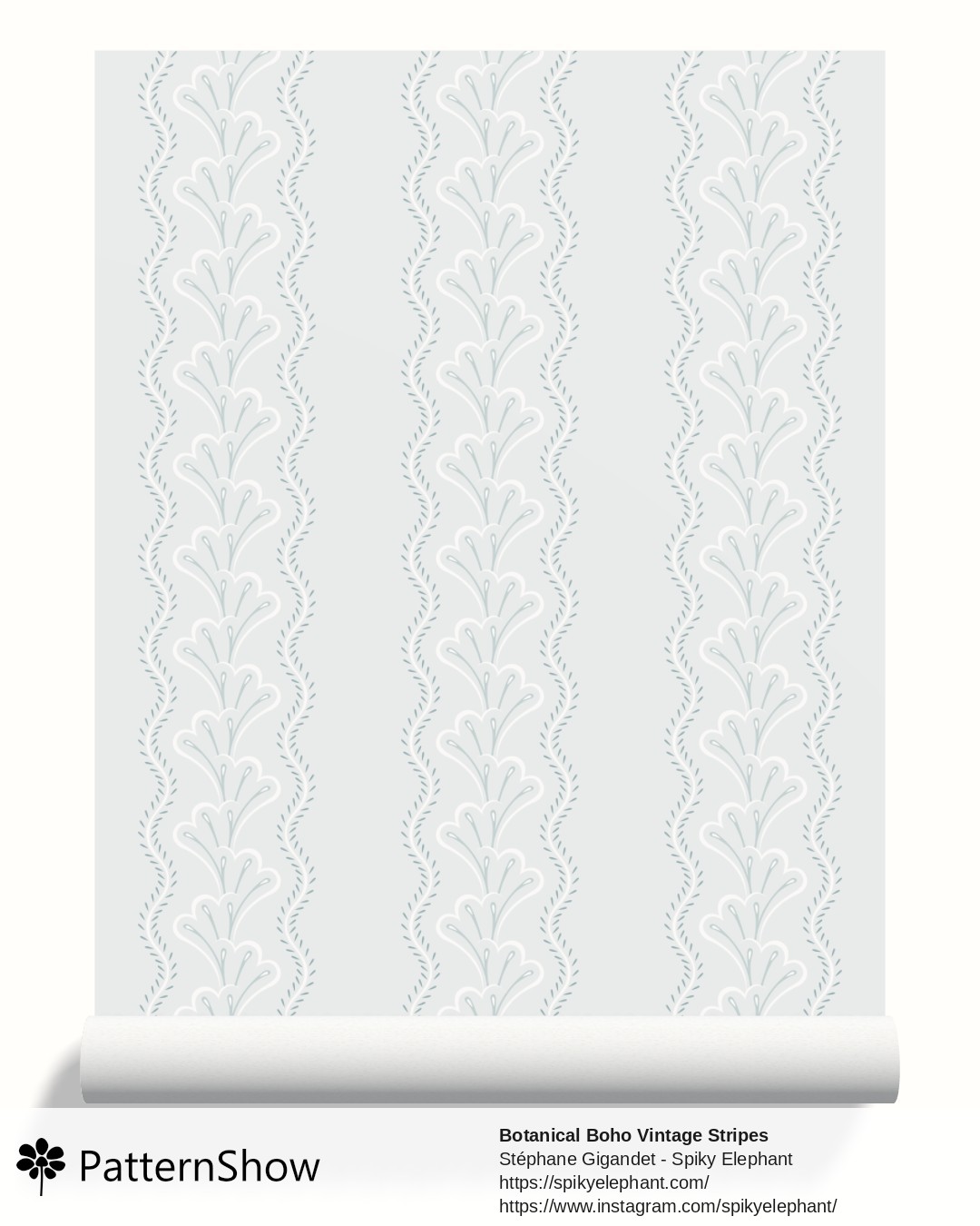 Botanical Boho Vintage Stripes wallpaper - White Soft Dusty Icy Blue Pastel