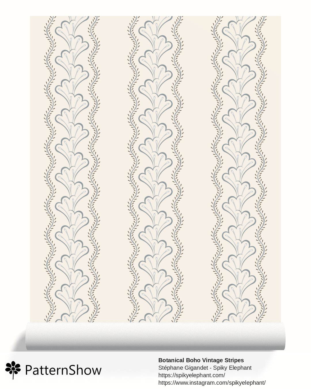 Botanical Boho Vintage Stripes wallpaper - Beige Cream Steel Grey Blue
