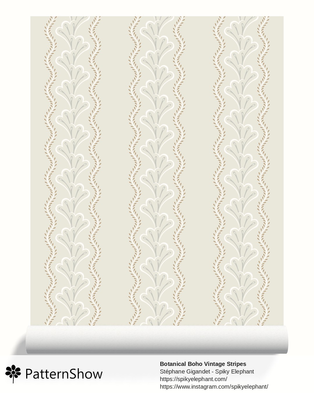 Botanical Boho Vintage Stripes wallpaper - Beige Cream Grey Sage Green Brown