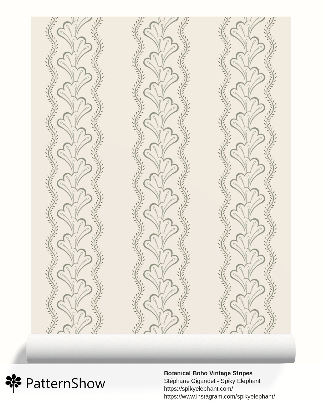 Botanical Boho Vintage Stripes wallpaper - Beige Garden Artichoke Green