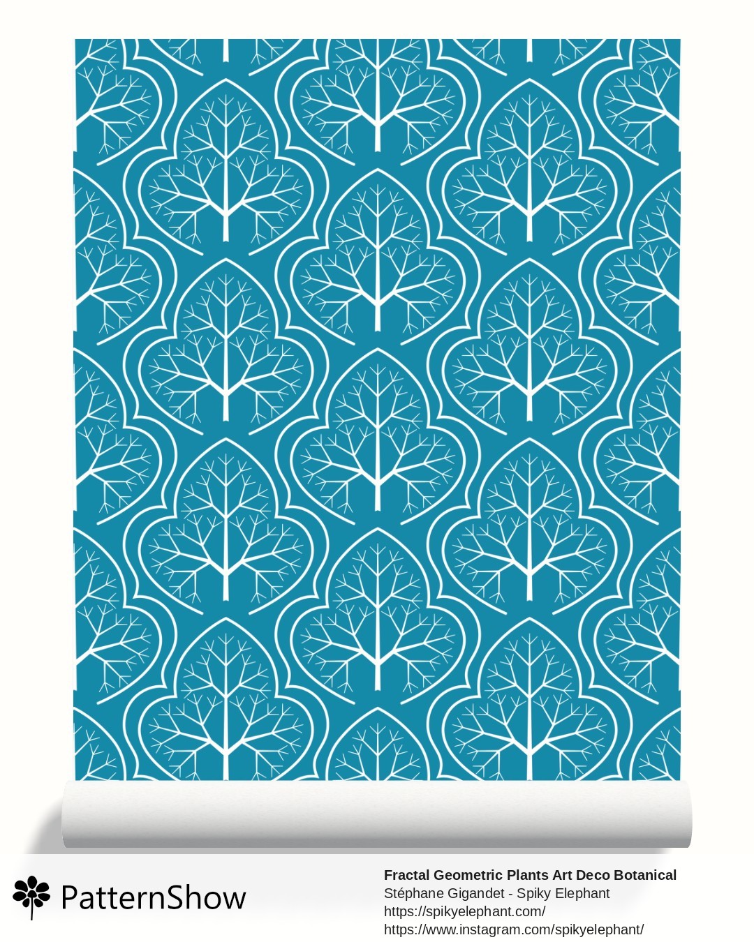 Fractal Geometric Plants Art Deco Botanical wallpaper - White Turquoise Blue Teal