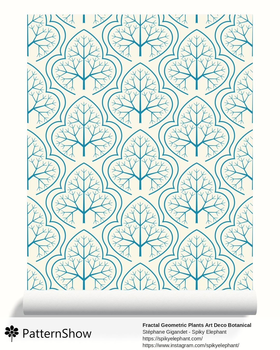 Fractal Geometric Plants Art Deco Botanical wallpaper - Turquoise Blue Teal Yellow Beige Cream