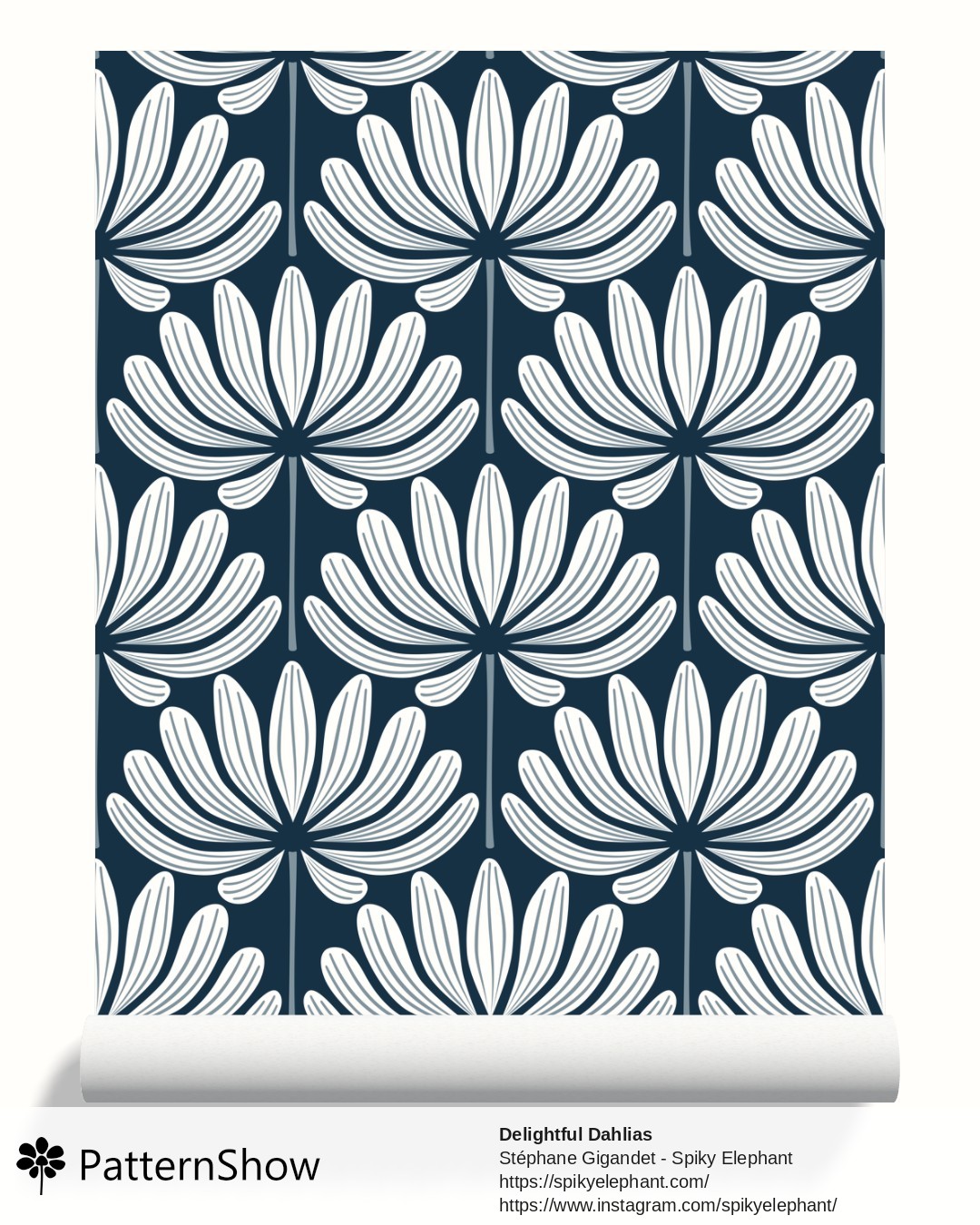 Delightful Dahlias wallpaper - White Dark Navy Blue
