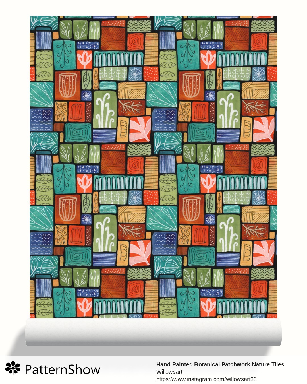 Hand Painted Botanical Patchwork Nature Tiles wallpaper - Multi