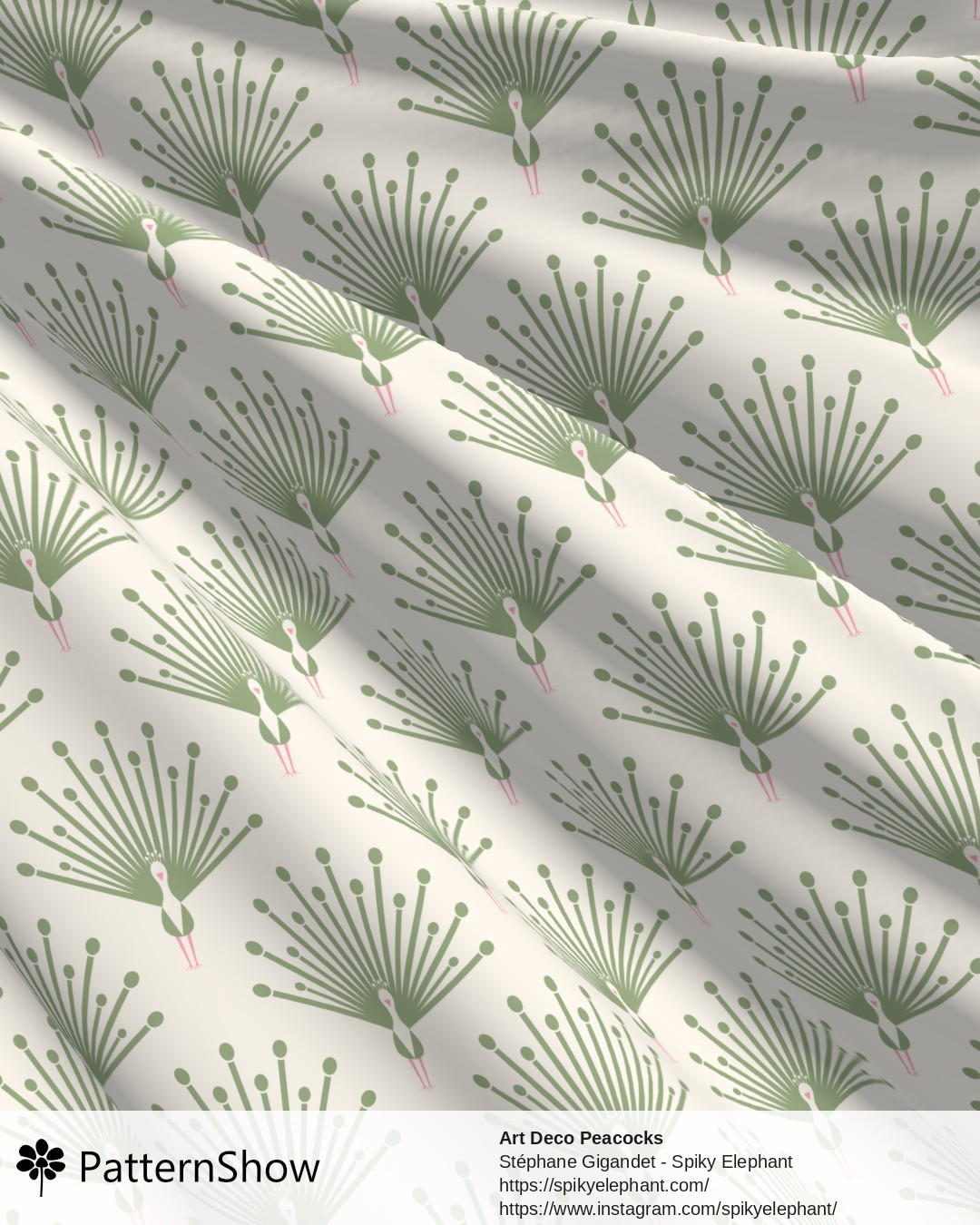 Art Deco Peacocks - Sage Green Soft Pink on White Cream