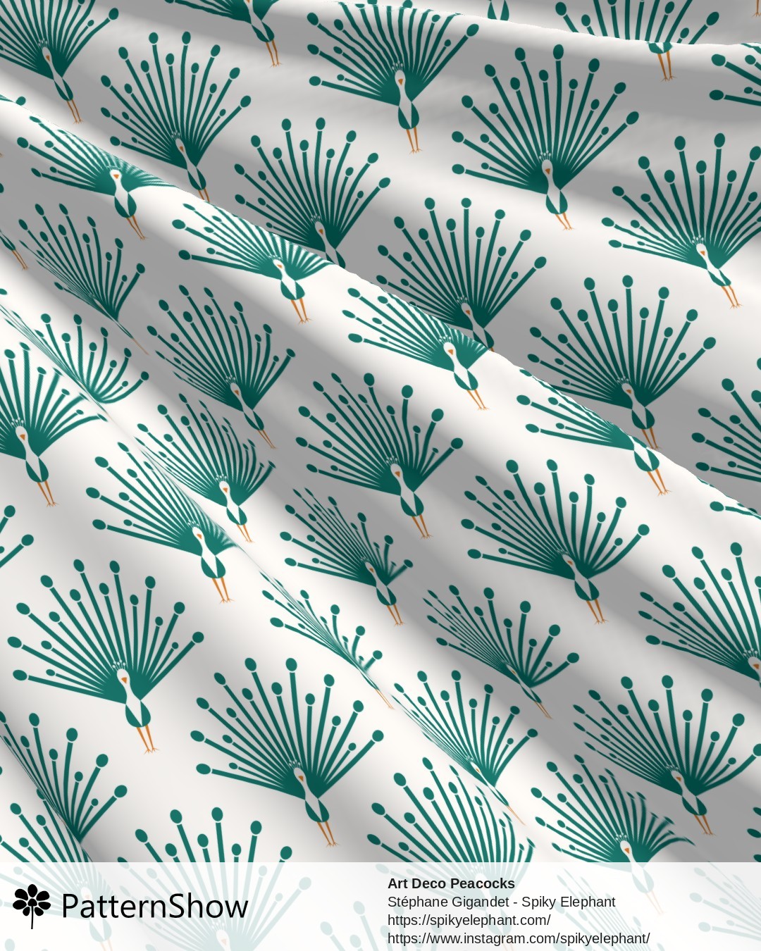 Art Deco Peacocks - Pine Green Teal Orange on White