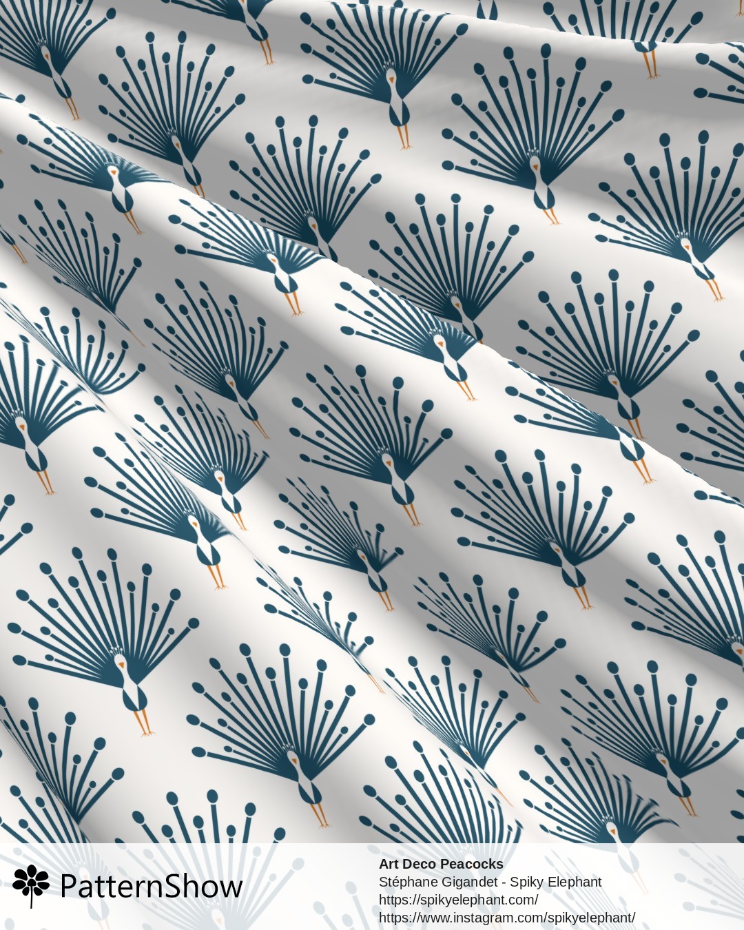 Art Deco Peacocks - Blue Navy Teal Orange on White