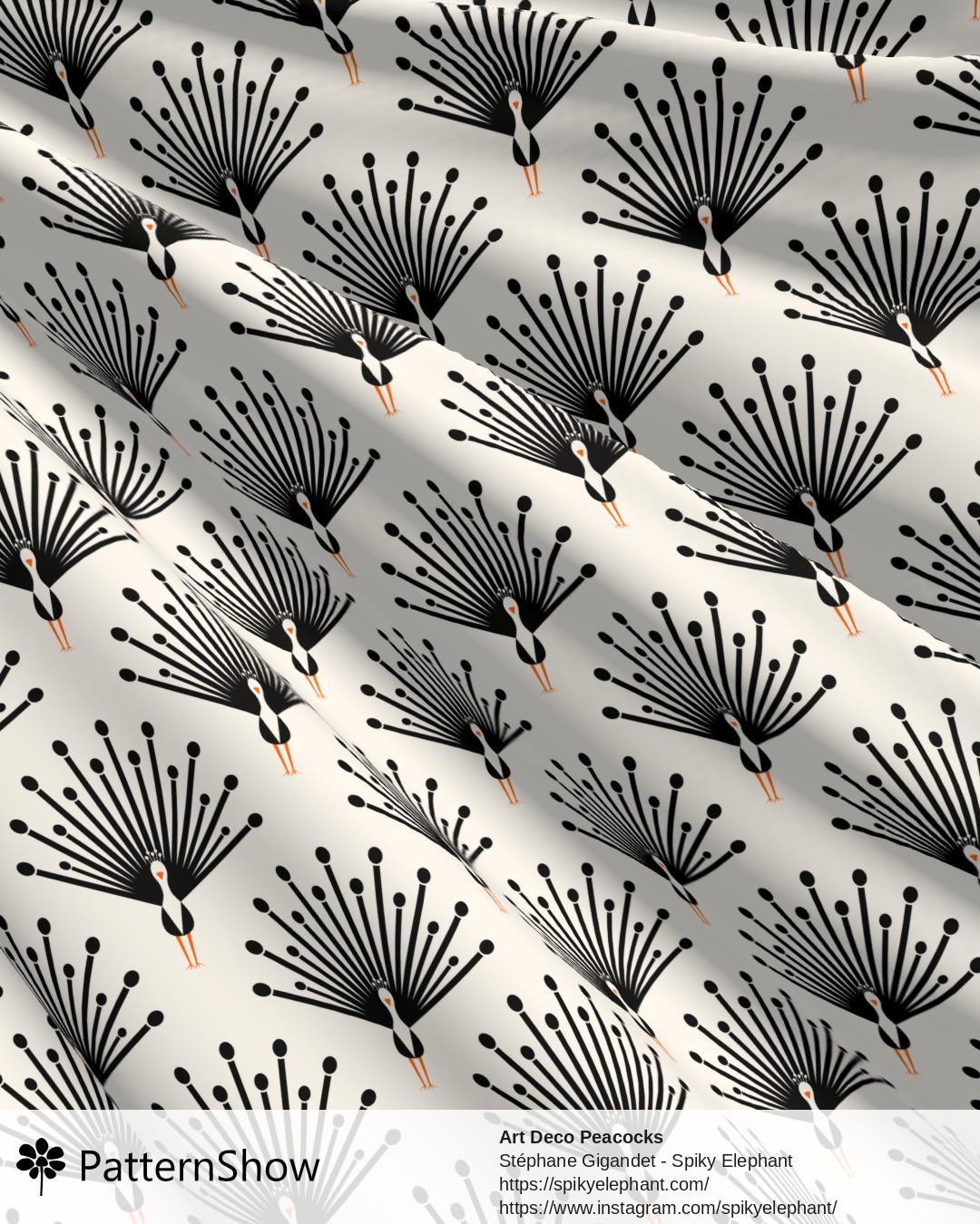 Art Deco Peacocks - Black Orange on White Cream