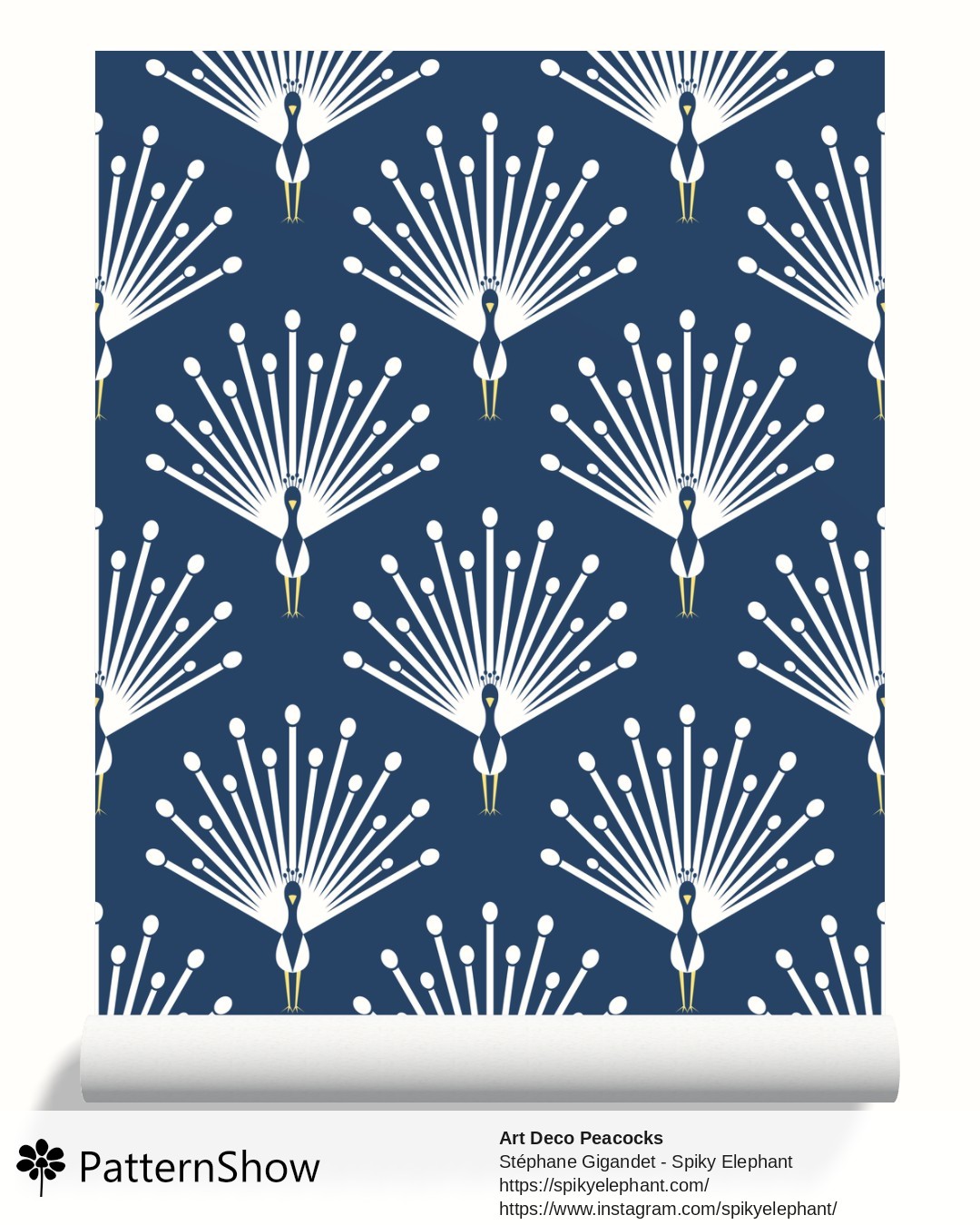 Art Deco Peacocks wallpaper - White Yellow Dark Teal Navy Blue