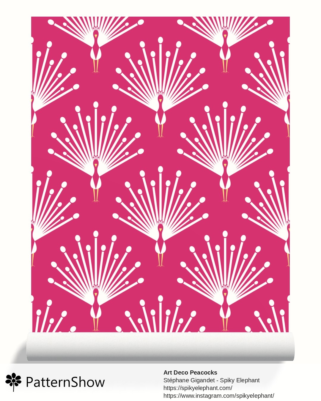 Art Deco Peacocks wallpaper - White Monochrome Magenta Fuchsia Pink