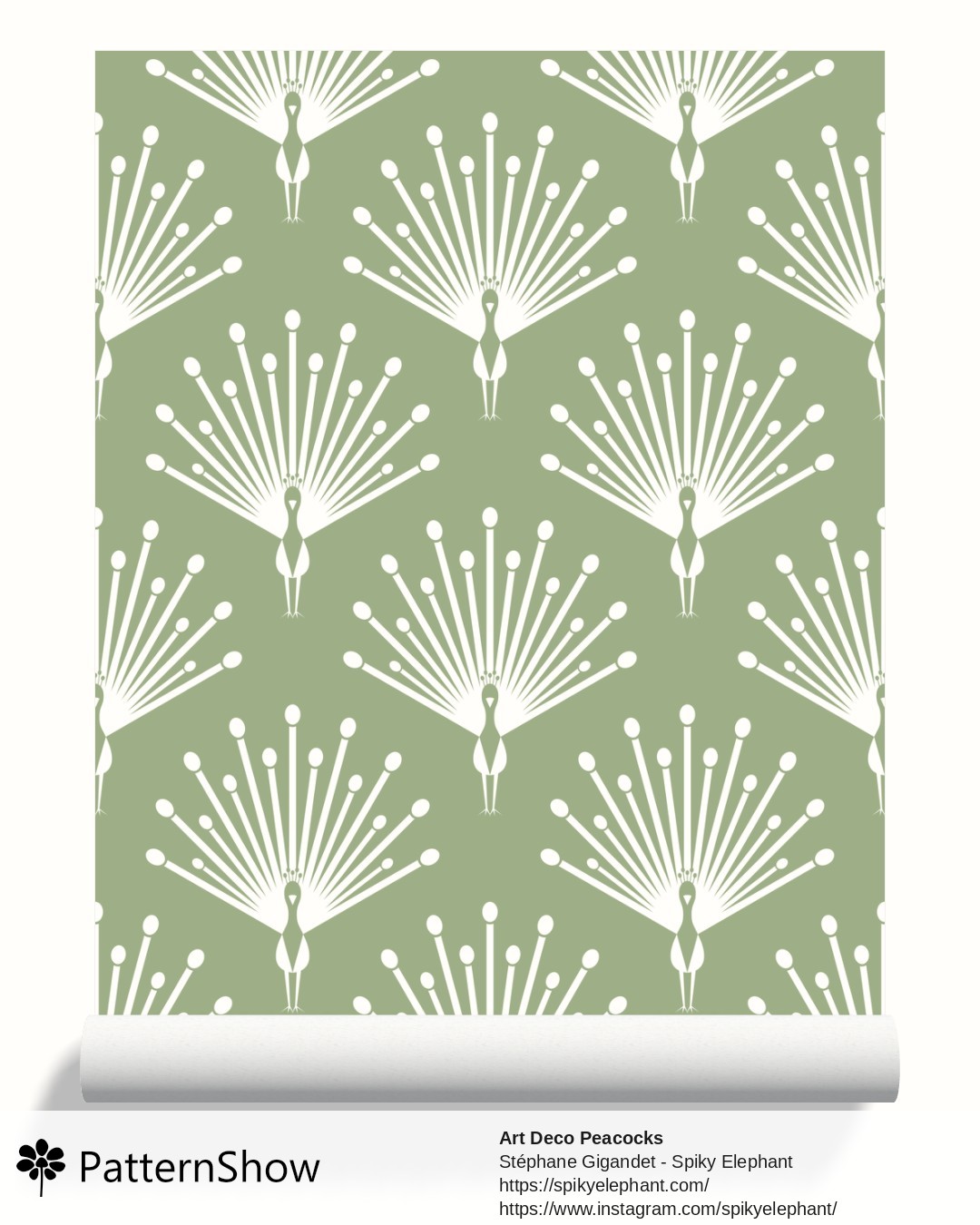 Art Deco Peacocks wallpaper - White Monochrome Pastel Sage Green