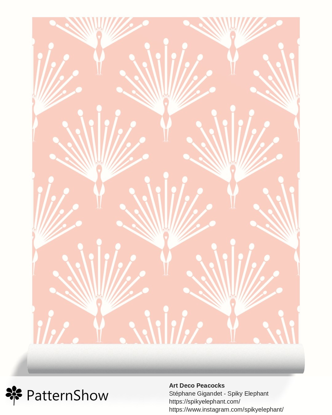 Art Deco Peacocks wallpaper - White Pastel Old Rose Pink Peach