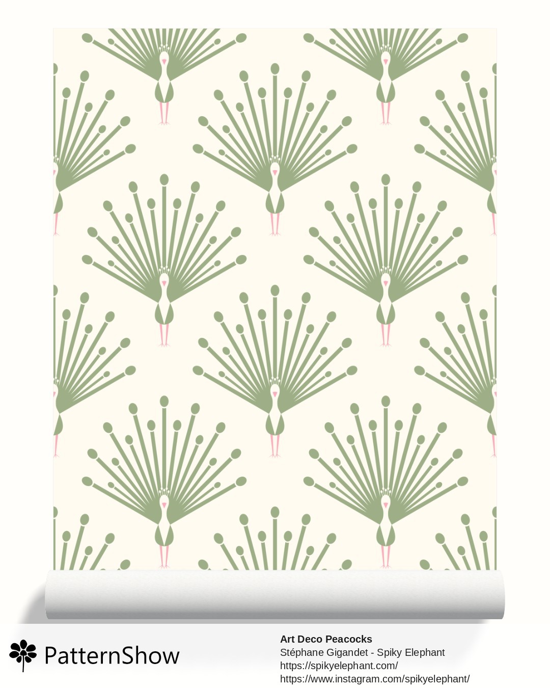 Art Deco Peacocks wallpaper - Sage Green Soft Pink on White Cream