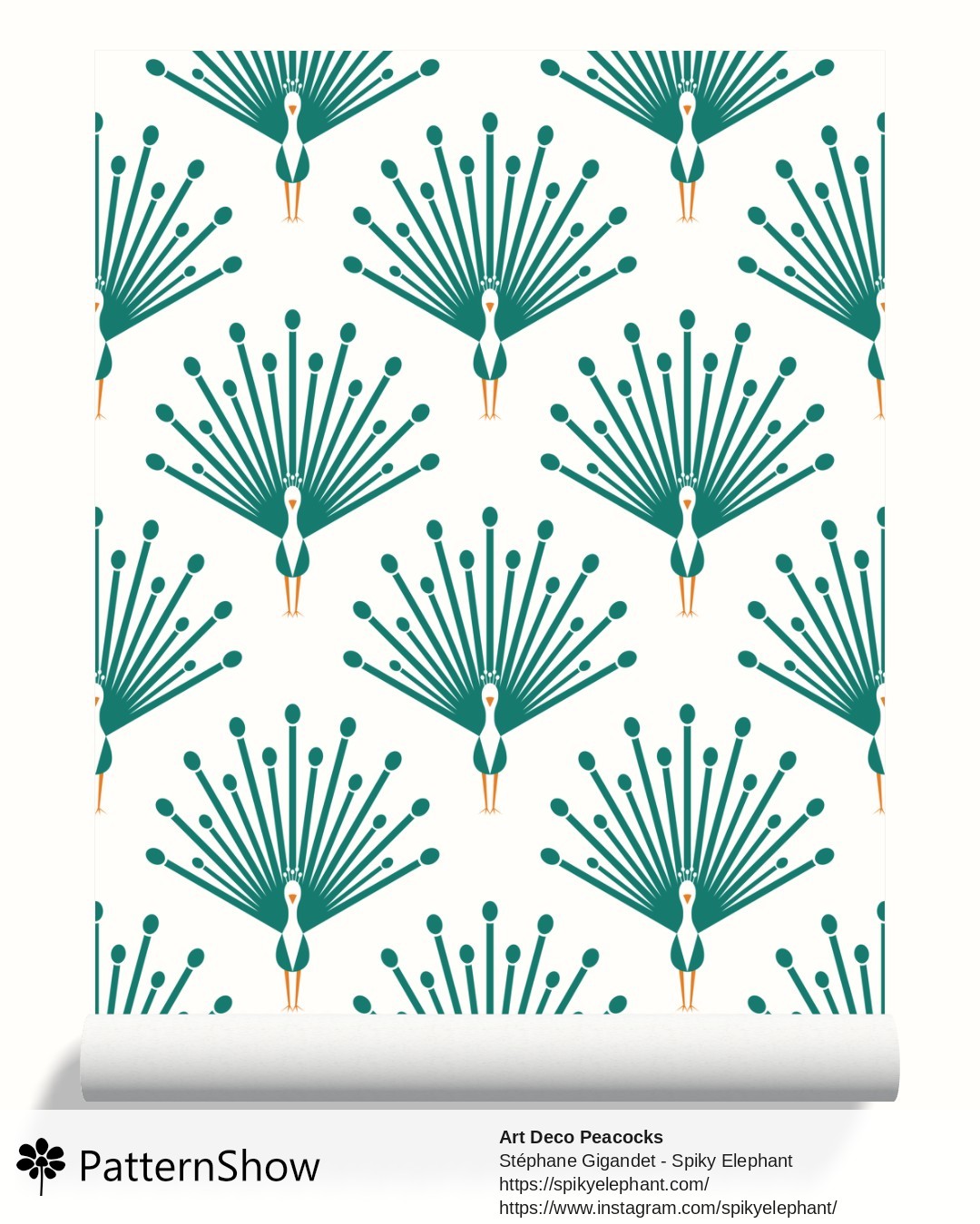 Art Deco Peacocks wallpaper - Pine Green Teal Orange on White