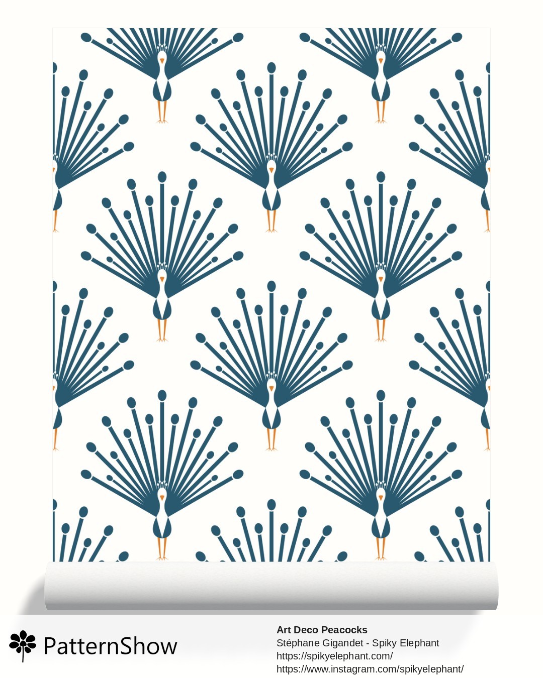 Art Deco Peacocks wallpaper - Blue Navy Teal Orange on White