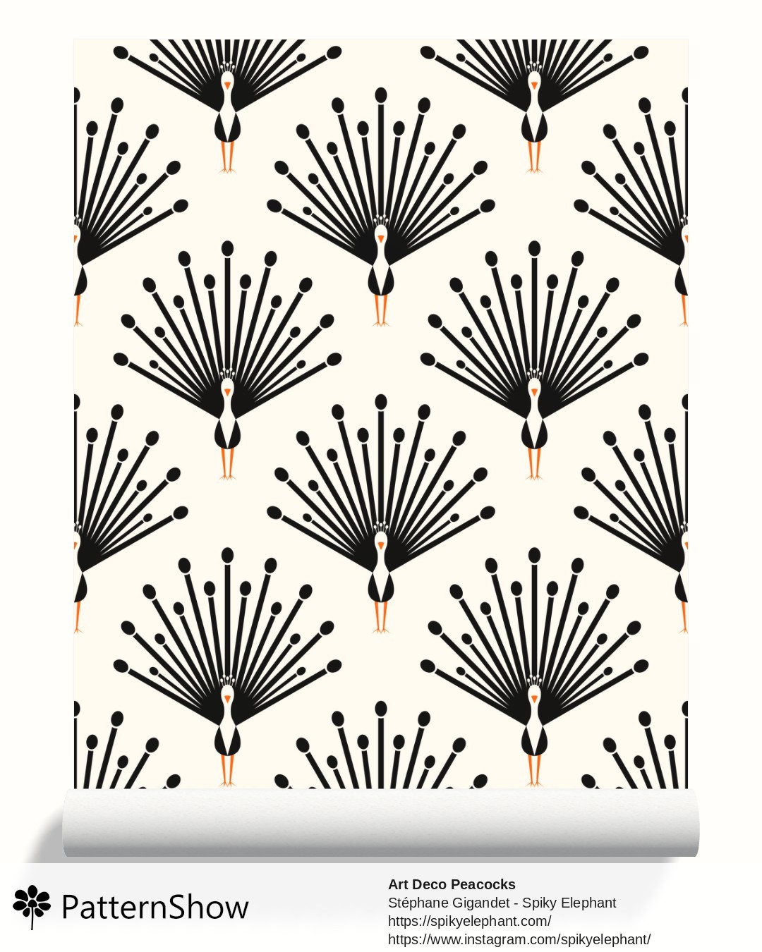 Art Deco Peacocks wallpaper - Black Orange on White Cream