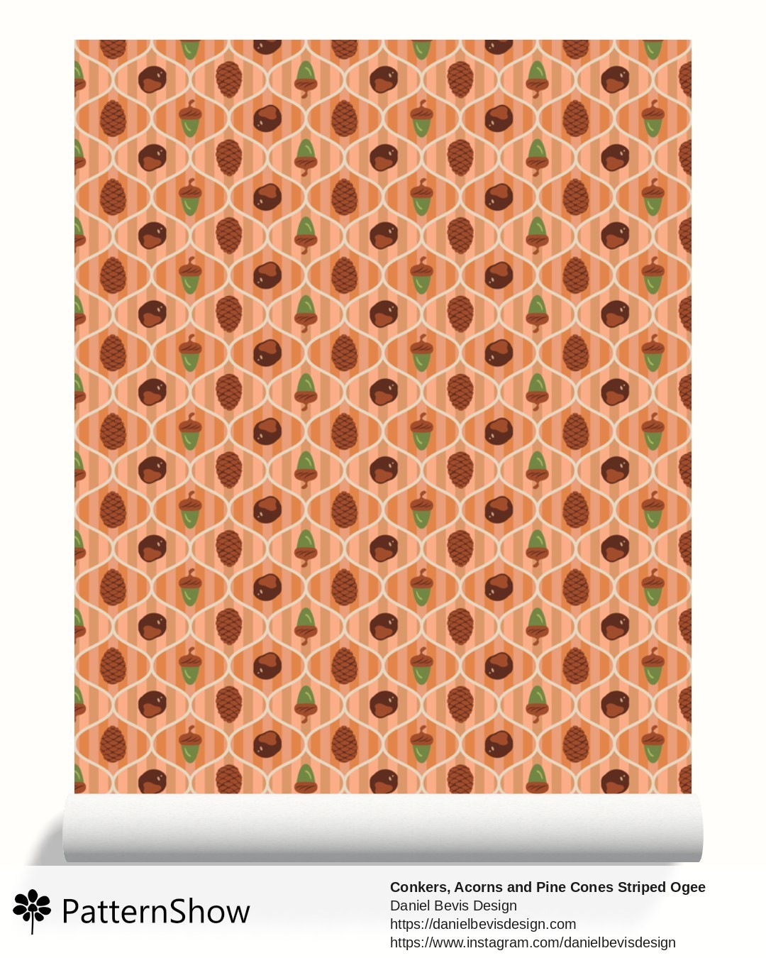 Conkers, Acorns and Pine Cones Striped Ogee Print wallpaper - Autumnal