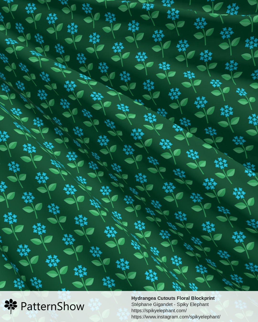 Hydrangea Cutouts Floral Blockprint - Cyan Blue Garden Forest Green