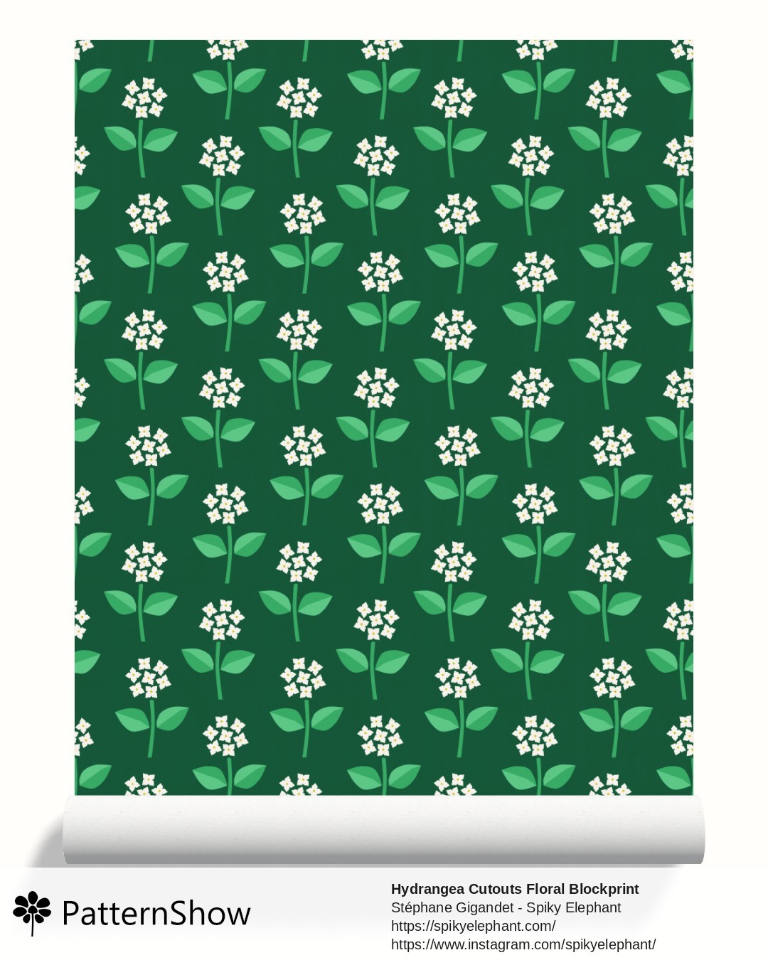 Hydrangea Cutouts Floral Blockprint wallpaper - White Forest Green