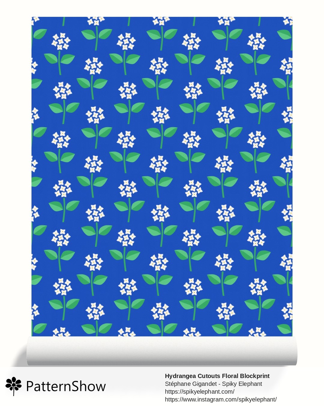 Hydrangea Cutouts Floral Blockprint wallpaper - White Green Cobalt Blue