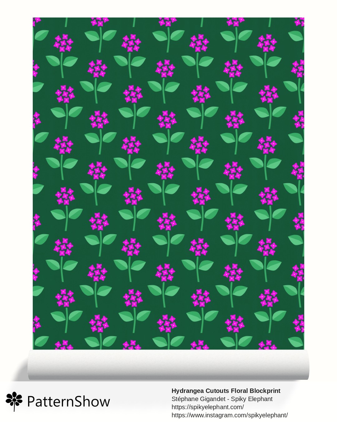 Hydrangea Cutouts Floral Blockprint wallpaper - Hot Pink Garden Forest Green