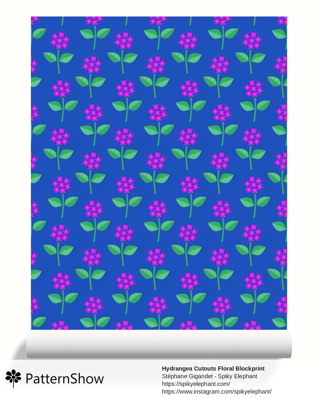 Hydrangea Cutouts Floral Blockprint wallpaper - Hot Pink Green Cobalt Blue