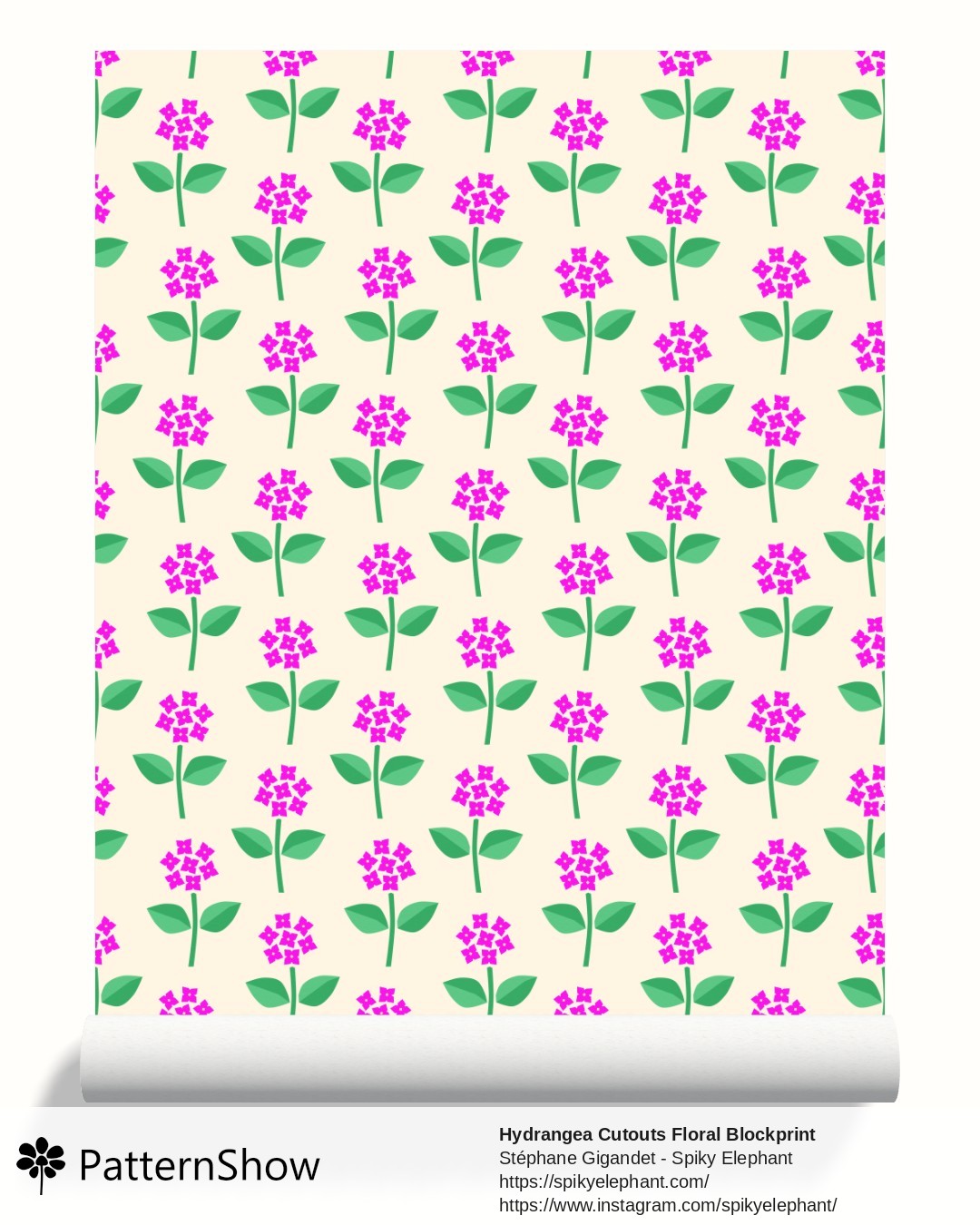 Hydrangea Cutouts Floral Blockprint wallpaper - Hot Pink Green Butter Cream