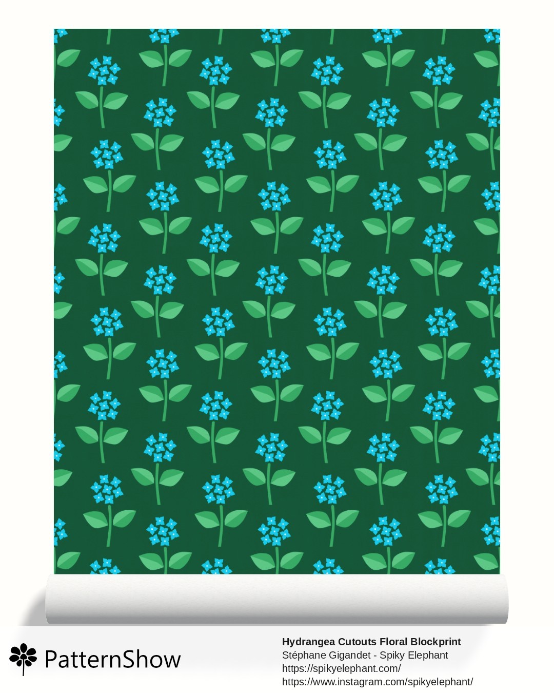 Hydrangea Cutouts Floral Blockprint wallpaper - Cyan Blue Garden Forest Green