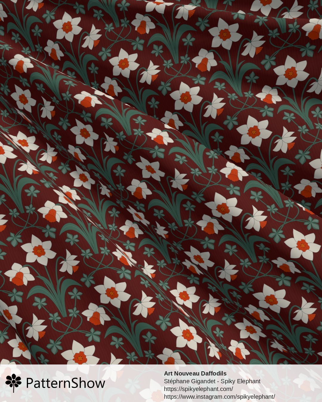 Art Nouveau Daffodils - White Orange Maroon Teal