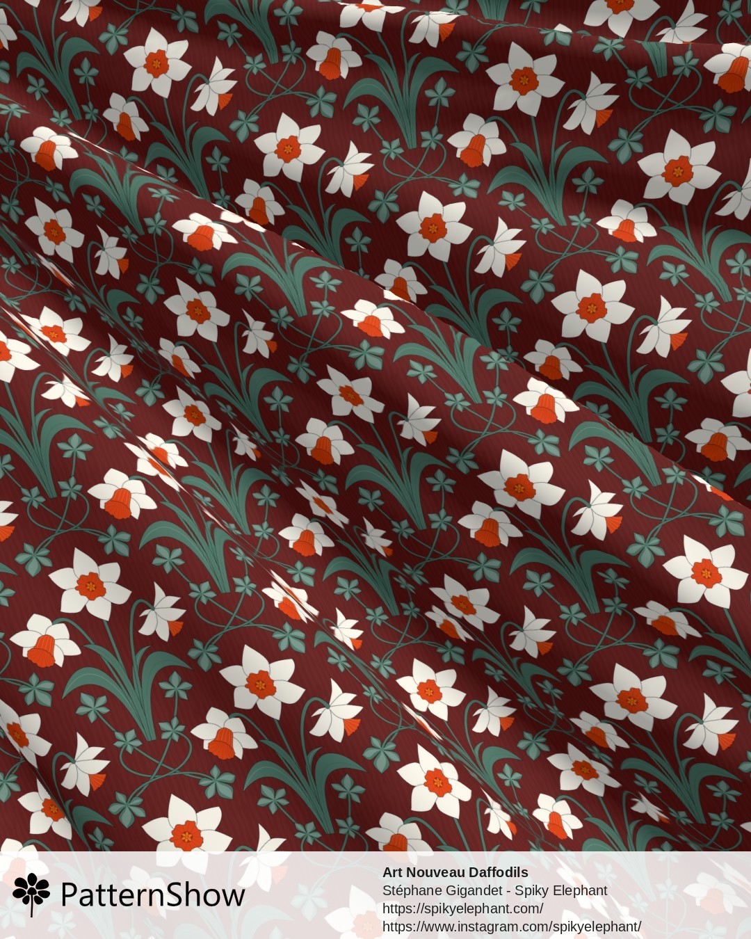 Art Nouveau Daffodils - White Orange Maroon Teal