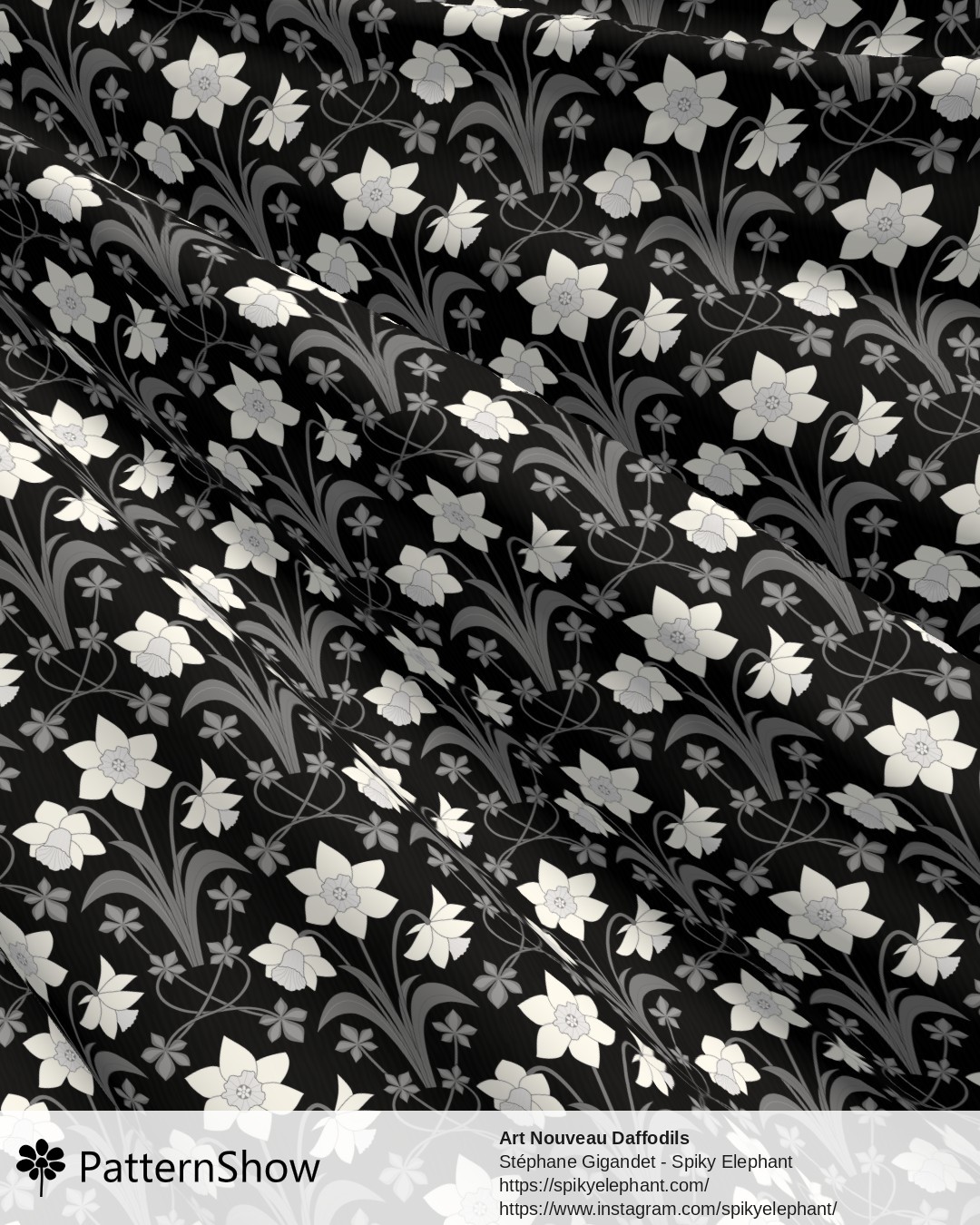 Art Nouveau Daffodils - Black and White Silver Grey