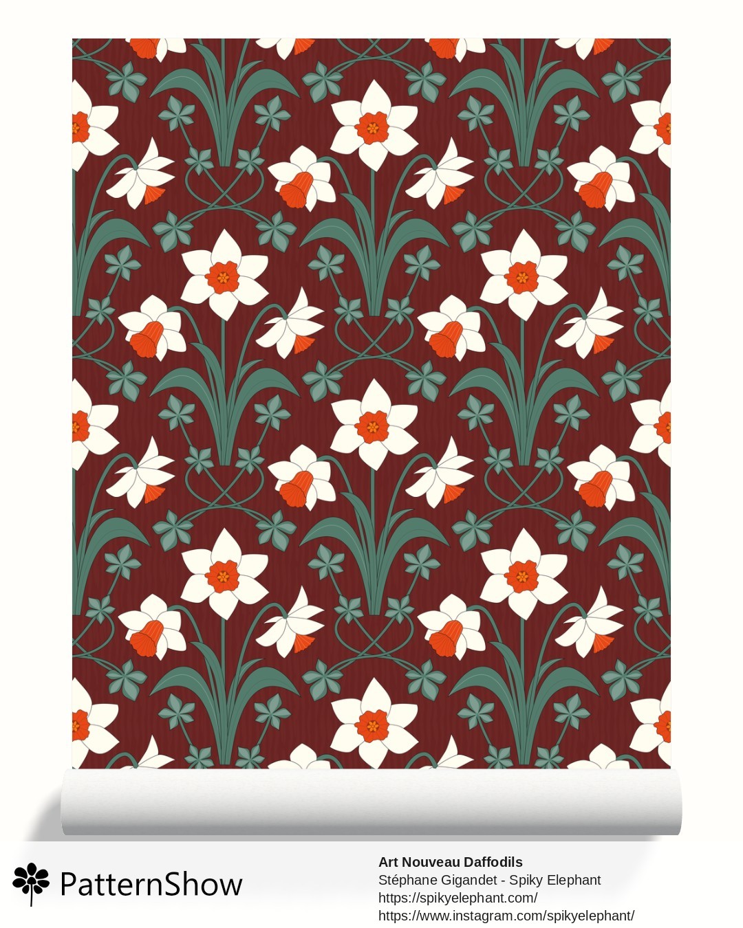 Art Nouveau Daffodils wallpaper - White Orange Maroon Teal