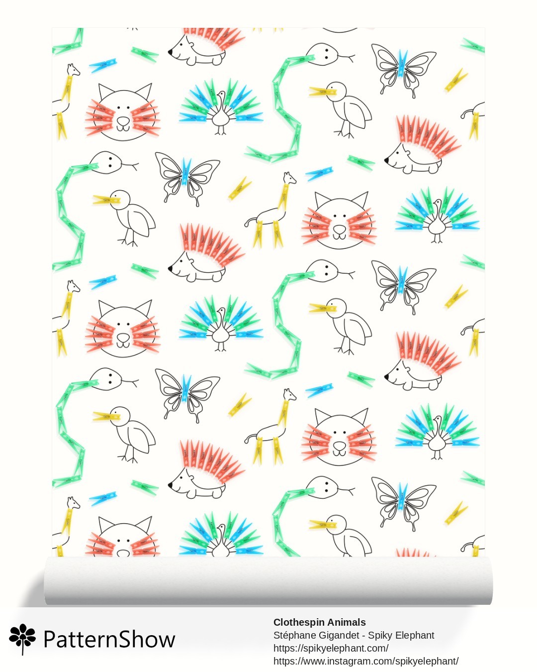 Clothespin Animals wallpaper - Neon Green, Blue, Yellow, Orange, Pink, Red on White Background
