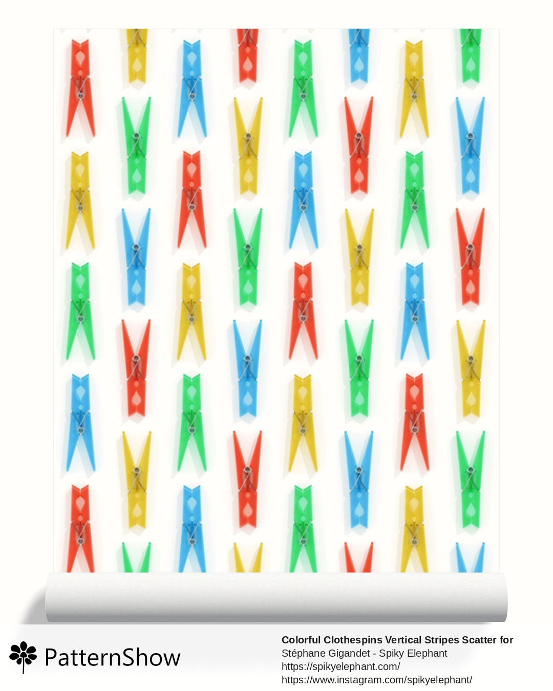 Colorful Clothespins Vertical Stripes Scatter for Laundry Room wallpaper - Neon Green, Blue, Red, Yellow on White Background