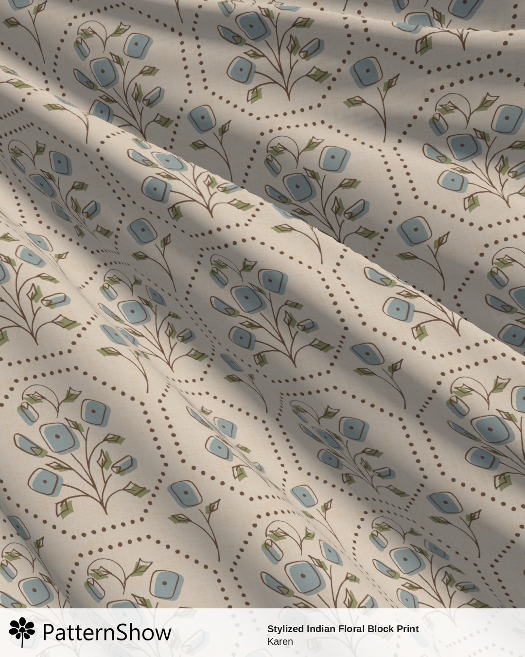 Stylized Indian Floral Block Print - Off White & Dusty Blue
