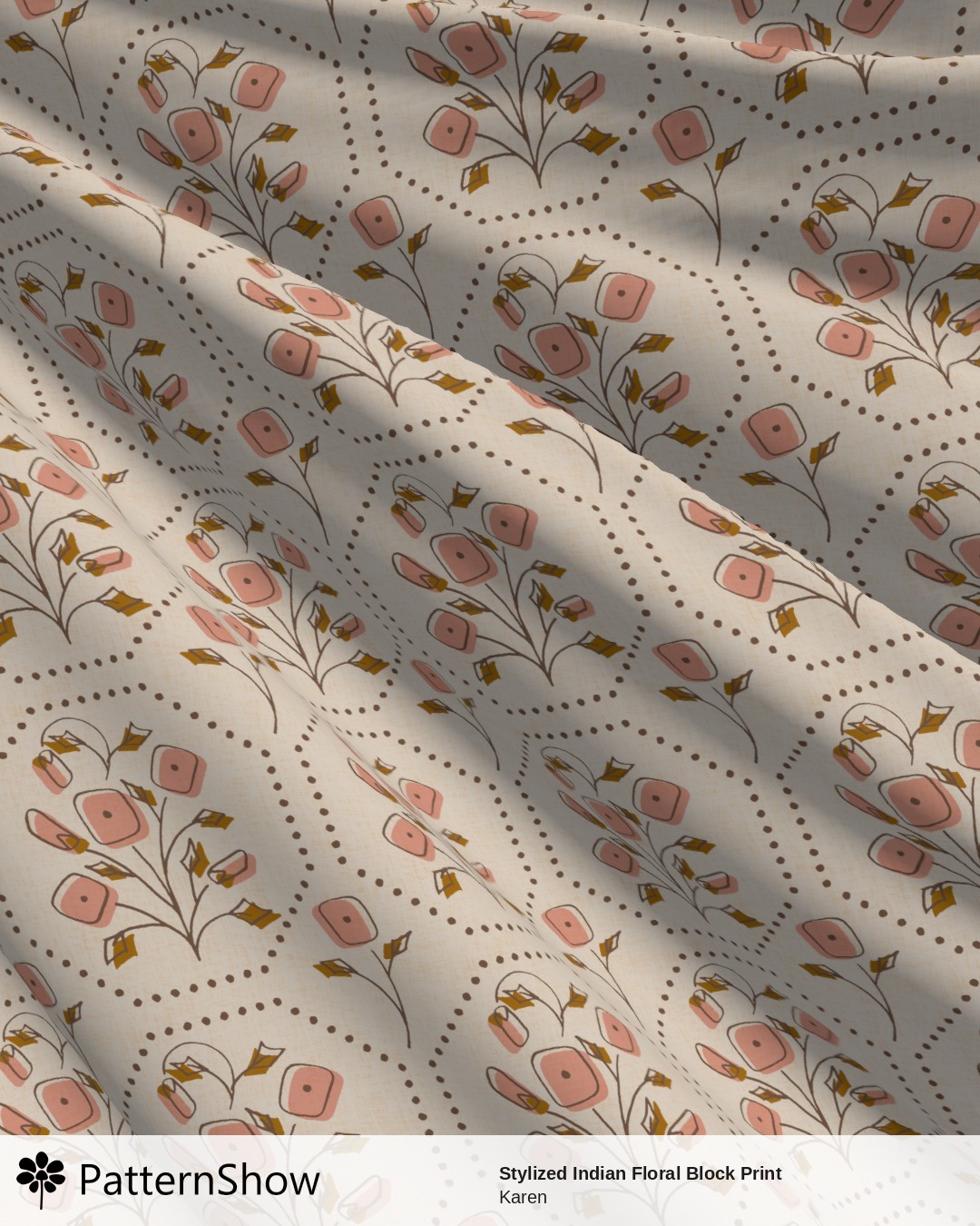 Stylized Indian Floral Block Print - Off White & Salmon Pink