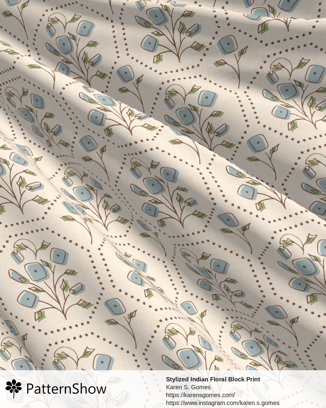 Stylized Indian Floral Block Print - Off White & Dusty Blue