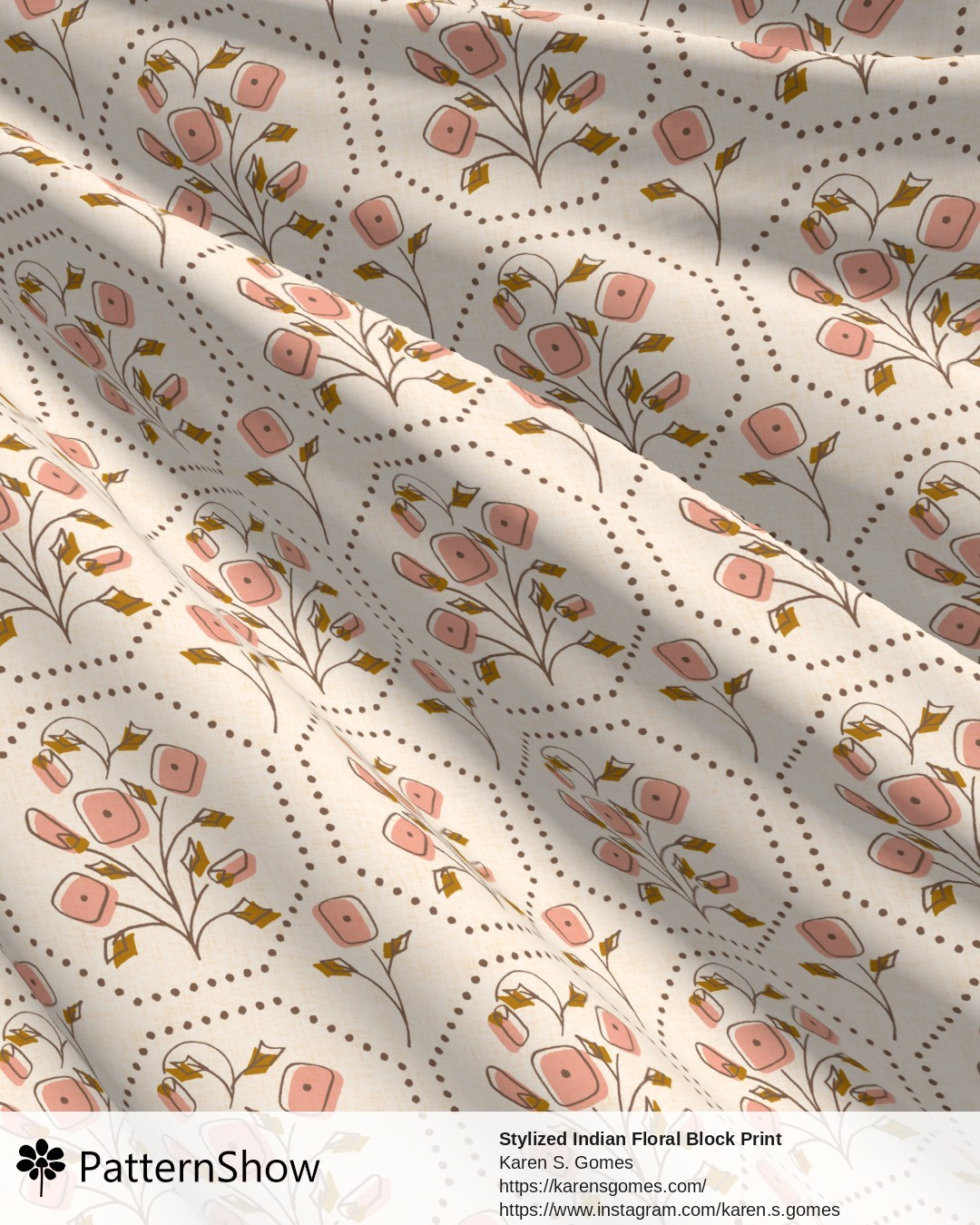 Stylized Indian Floral Block Print - Off White & Salmon Pink